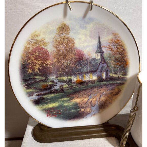 Thomas Kinkade The Aspen Chapel Cup & Plate Saucer Set Stand Telefrola Gift - Picture 2 of 10